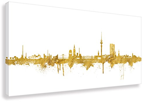 Kunstbruder Moderne Hamburger Skyline - Weiß/Gold 50x100cm - by Stadt Hamburg Kunstdruck 2cm (div. Varianten/Größen)- Leinwandbild Wandbild Wanddekoration Kunstbild Leinwanddruck/fertig zum aufhängen