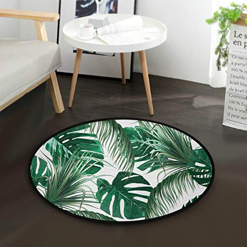 Mnsruu Tapis rond d'été tropical, feuilles de palmier, vert jungle, pour salon, chambre à coucher, 92 cm de diamètre