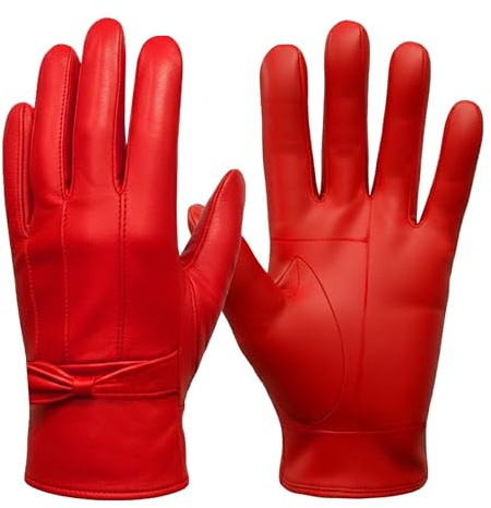 Ladies Winter Leather Driving Gloves Soft Fleece Lined (Red, M/L)