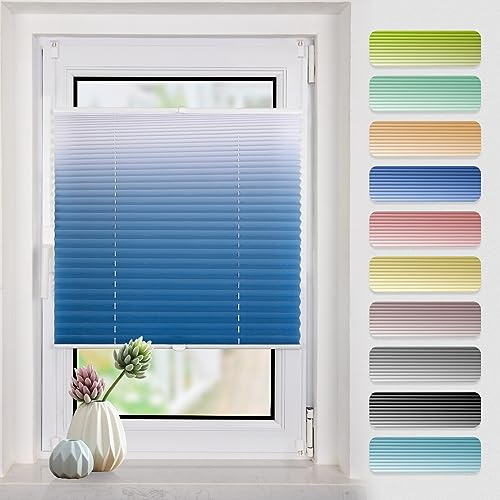 Plissee mit Farbverlauf 50x120cm(BxH) Blau-Weiß plissees klemmfix ohne Bohen Blickdicht Faltrollo Lichtdurchlässig Rollos für Fenster ohne Bohren