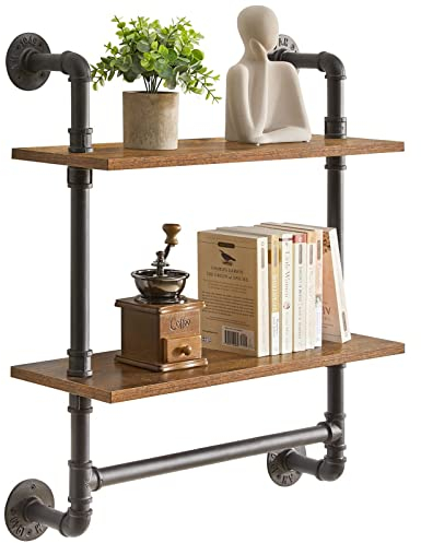 YMYNY Wandregal, 2-stöckiges Schweberegal Holz Wandboard mit Handtuchhalter, 60 cm, stabil, Metallrahmen, Bücherregal Wanddeko, Aufbewahrung, für Wohnzimmer Küche Badezimmer HRF-TM014