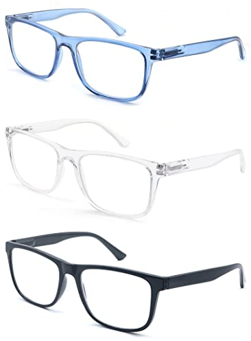 MODFANS 3er Set Lesebrille Herren/Damen,Gute Brillen,Hochwertig,Rechteckig Komfortabel Super Lesehilfe,fur Manner und Frauen,Farbe Schwarz-Blau-Transparent