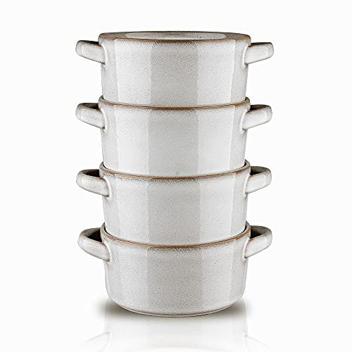 KOOV Porcelain Soup Bowls With Handles - Microwave Safe, Large 24 Ounce for Cereal, Stew, French Onion - Reactive Glaze Set of 4 (Variable Grey)