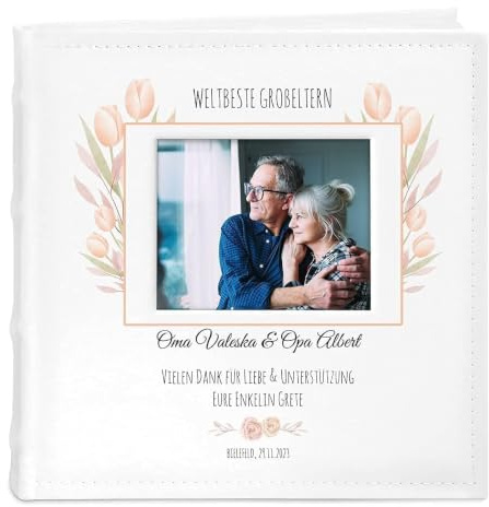 Maverton Einsteckalbum + mit Aufdruck - für 200 Fotos 10x15-100 weiße Seiten - Größe 21x22cm - Weiß - Geschenk für Paare - Hochzeitsgeschenk - Hochzeitstaggeschenke - Tulpen