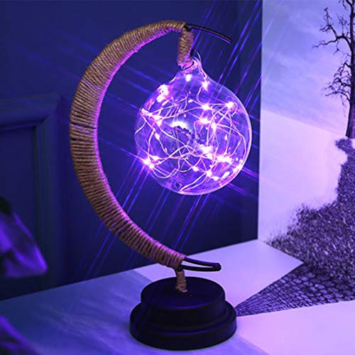 Enchanted Lunar Lamp - Hanging LED Moon Lamp with Stand, Bedroom Bedside Table Romantic Holiday Decor, Led Decoration Moon Star Table Light, Battery Powered (Purple)
