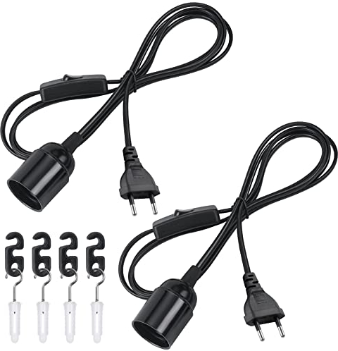 DiCUNO E27 Lampenfassung mit Schalter, E27 Lampensockel mit 2M Netzkabel und EU Stecker, für Lampenaufhängung, Pendelleuchten, Deckenlampen, DIY Projekte, Schwarz, 2er-Pack