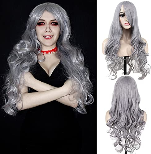 Perücke Silber Grau Lang Gewellt Locken für Frauen Damen Mädchen Karneval Fasching Kostümparty Cosplay Perücken Wig 063A