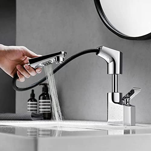 WPHH Rubinetto Bagno Estraibile, Rubinetto per Lavabo con Spruzzatore A 2 modalità A Maniglia Singola, Rubinetti con Sollevamento Girevole A 360 °, Miscelatore Lavabo in Ottone,Cromo