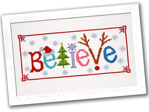 Counted Cross Stitch Kit 'Believe' - Embroidery Set for The Holidays, Encouragement, or Inspiring Everyday Possibilities with a Christmas Tree, Snowflake, Deer and Santa Hat