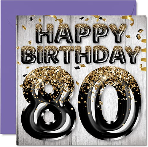 Stuff4 Geburtstagskarte zum 80. Geburtstag für Männer | Schwarze und goldene Glitzerballons