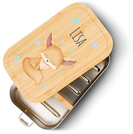 GRAVURZEILE Brotdose aus Edelstahl mit bedrucktem Bambusholzdeckel - Lunchbox mit Fuchs Motiv - Personalisiert mit Name - Geschenk für Kinder zum Schulanfang - Größe: Groß