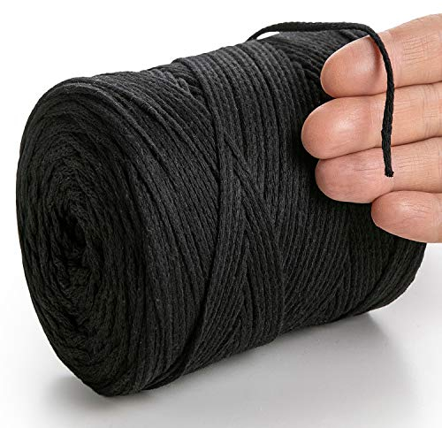 MeriWoolArt® Makramee Garn Schwarz 2 mm x 250 m Baumwollkordel, recyceltes weiches Baumwollgarn für das Stricken von Pflanzenhängern, Schmuckherstellung, Häkeltaschen