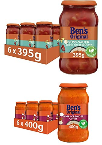 Ben's Original Sauce - Multipack - Süß-Sauer ohne Zuckerzusatz (6 x 395g) I Rotes Cremiges Curry (6 x 400g), 12 Gläser (6 x 395g I 6 x 400g)