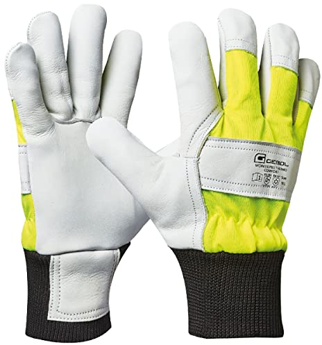 Gebol Worker Pro Thermo Comfort, Arbeitshandschuhe aus Leder, wasserabweisende Handschuhe Herren mit kälteisolierendem Futter für den Winter, Schutzhandschuhe Gr. XL (Gr. 10), Gelb/Weiß