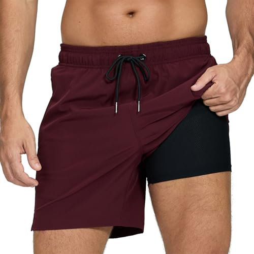 Shorts de Bain Homme Maillot de Bain Séchage Rapide, Doublure en Maille Élastique avec Poches Pantalon Court de Plage Cordon de Serrage Réglable Boxer Surf Sport Piscine Natation S Vin Rouge