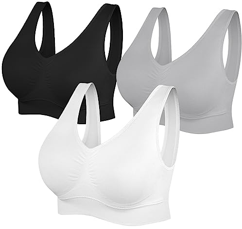 SIMIYA Super Comfort Bra, Womens Sports Bras Removable Pads Plus Size Sleep Bras for Girls in Yoga Bralette Leisure Stretch Crop Tops Vest (M, 3 Pack Black+White+Grey)