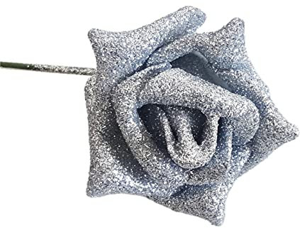Wambere 12 Stück Glitzernde künstliche Rose,Einzelner Stiel als Geschenk Rosen für Hochzeitssträuße Brautstrauß Valentinsstrauß Jubiläen Geburtstag Partys Hotels Büro-Dekoration,Silber