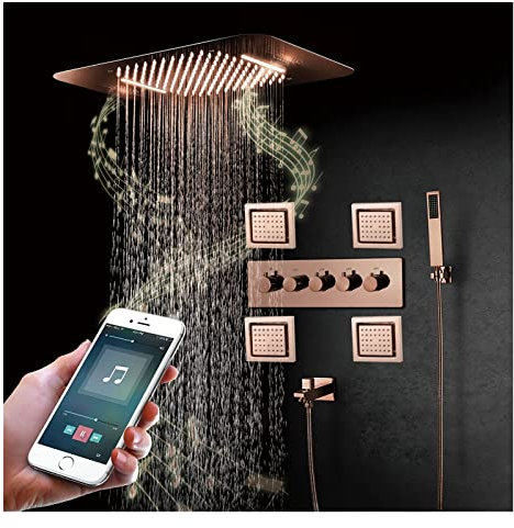 Music 64 Colors LED Shower Combo Set Thermostatic Rose Gold Bathroom Shower Faucet Set with Shower Head, Hand Shower, Body Jets, Bathtub Mixer, Remote Control