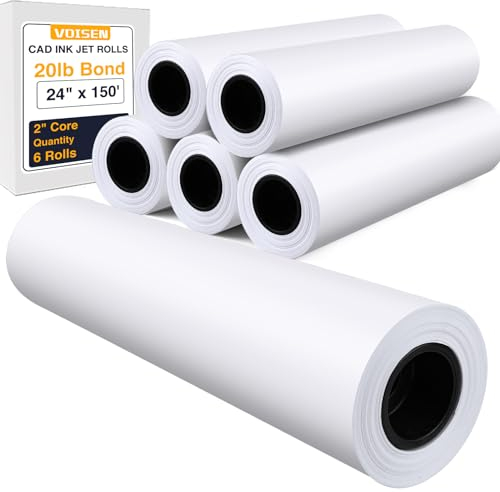 VOISEN 6 Rollen Plotterpapier, CAD Bond Rollen 61 cm x 38 m, 15 kg, Bondpapier auf 5,1 cm Kern für CAD-Druck auf Breitformat-Tintenstrahldruckern