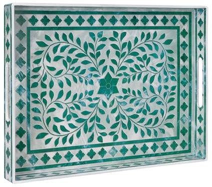 MAONAME Rectangular Decorative Plastic Serving Tray With Handles - Modern Green for Ottoman, Coffee Table, Living Room, Home Decor, 15.7 x 11.8 x 1.6