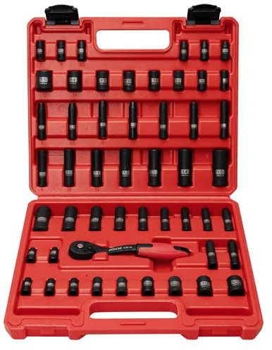 AMM 51-Piece 1/4 Drive Impact Socket Set, Deep & Shallow Socket Set with ratchet, Standard SAE (5/32 to 9/16 inch) and Metric (4-15mm) Size, 6 Point, Cr-V