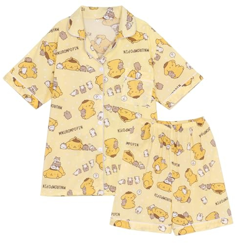 WANHONGYUE Kawaii Pom Pom Purin Pigiama Donna Ragazza Corto Estivo Due Pezzi Maglietta Manica Corta e Pantaloncini Set di Pigiama Camicie da Notte Abbigliamento per La Casa Giallo L