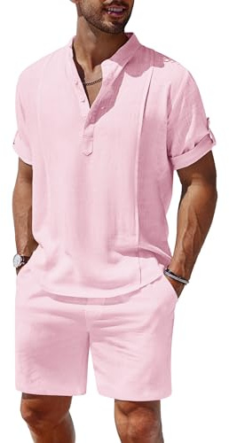 COOFANDY Ensemble 2 pièces en lin pour homme avec chemise Henley à manches courtes et short d'été pour la plage et le yoga