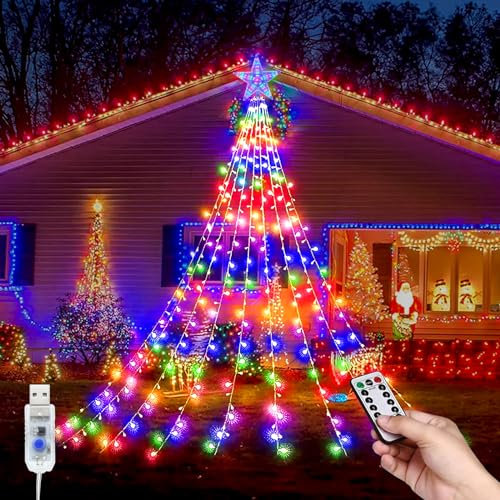 Guirnalda Luces Arbol de Navidad, USB Luces Árbol Navidad con Estrella, 9*2M 8 Modos 198 LEDs Impermeable Cascada Luces de la Cadena con Estrella para Arbol De Navidad, Bodas, Jardín Decoración