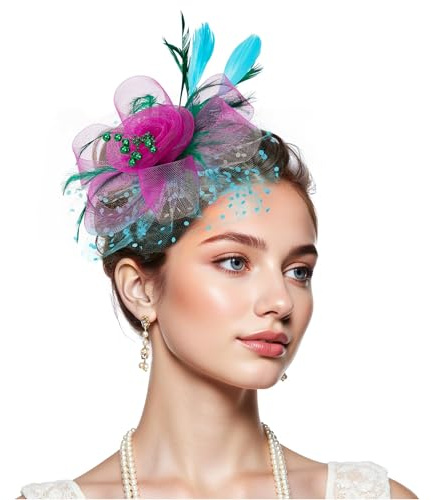 Zando Kentucky Fascinators Hats for Women 2026 Derby Tea Party Hats for Women & Girls Flower Mesh Feathers Headband Fancy Headwear Hair Clip for Wedding Church Green & Hot Pink & Blue Fascinator