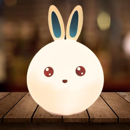 Qoddle Cute Blue Bunny Kids Night Light, 6 Color Nightlight for Nursery Decoration + Remote Control Dimmable Kids Lamp, Rechargeable Night Light, Silicon Rabbit Lamp Gift for Girls