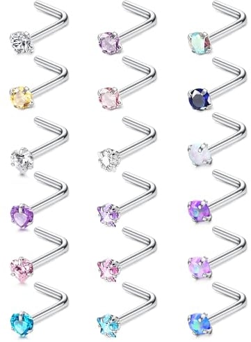 Chriscoco 18 Stück 20G Nasenpiercing Stecker Chirurgenstahl Nostril Piercing Zirconia Opal Piercing Nase Silber Nasenstecker Nasenpiercing Schmuck für Damen Herren L-förmig