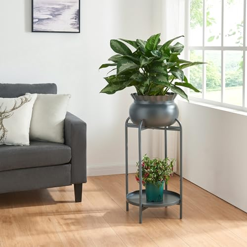 [en.casa] Blumenständer Altena Pflanzenständer mit Blumentopf und Ablage Metall Schwarz Pflanzenregal 60 x 27 x 27 cm Blumensäule für innen Blumentopfständer