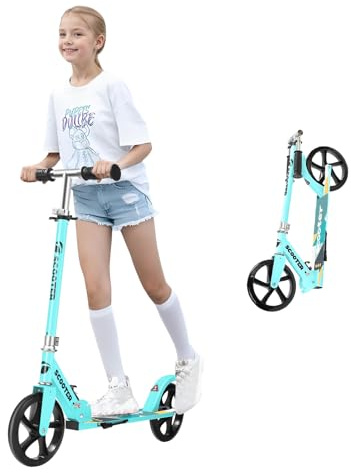 Scooter for Kids Ages 8-12,Adjustable Foldable with Carry Strap and Rear Brake|200mm Big Wheels City Scooter for Kids Ages 6+ (Blue)