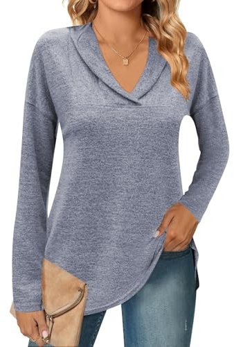 Famulily Women's Casual Shawl Neck Polo Shirt Tunic Sweatshirt Tops Warmth Loose Sweater Jumpers for Ladies (L, Blue)