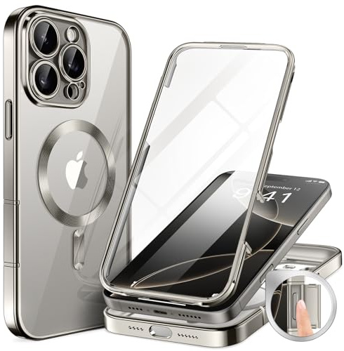 BERFY Magnetic for iPhone 16 Pro Case, Compatible with Magsafe, Built-in 9H Tempered Glass Screen Protector & Upgraded Camera Protection, Full-Body Plating Shockproof Phone Case for 16 Pro 6.3, Grey