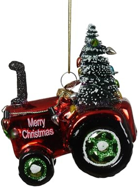 Kaemingk Christbaumschmuck Traktor Glas 9,7cm - Figur zum Aufhängen - mit Glitzer - Weihnachtsbaum Anhänger für Weihnachten - Christbaumanhänger & Weihnachtsbaumschmuck - Bauernhof Trecker Rot