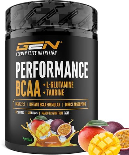 BCAA Performance - 450 g de poudre - BCAA instantanés + L-Glutamine + Taurine - Délicieux & super soluble - Acides aminés végétaliens - Ratio 2:1:1 - (Mangue Fruit de la Passion)