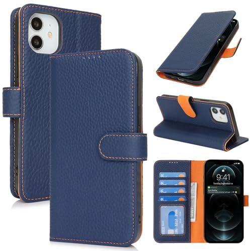 Zouzt Case for iPhone 12/12 Pro 6.1 Genuine Leather Wallet Case with 4 Card Slot, RFID Blocking Card Holder Magnetic Flip Folio Shockproof Phone Cover Women Men for iPhone 12/12 Pro - Blue & Orange