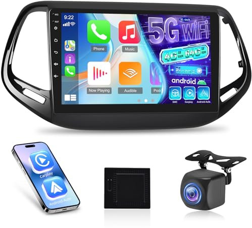 NHOPEEW 8 Core 4+64G Autoradio für Jeep Compass 2017-2021 - 9 Zoll Radio Unterstützung Carplay&Android Auto 5G WiFi&GPS DSP 3D Auto Mondel Display Kühlung Lüfter + Rückfahrkamera
