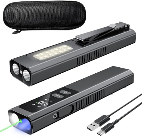 SSPONT EDC Flashlight 4 in1 Magnetic Flashlight High Lumens Work Light with Green Beam & UV & Warning Light Combo EDC Flashlight Rechargeable LT-010 (Black)