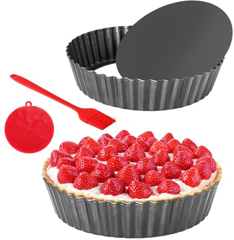 Quyimy Tarteform mit Hebeboden Quicheform 24 cm, 2 Stück Backformen Antihaftbeschichtete Obstkuchenform Tartelette Förmchen, Rund Wellenrand Tartlettförmchen Tortenboden Backform mit Öl-/Spülbürste