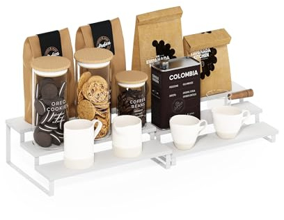 Furinno RAVEL Kitchen Countertop Organizer Set of 2, 3-Tier Counter Shelves, Kitchen Storage, Expandable, Spice Rack, for Kitchen, Pantry, Coffee Bar, White