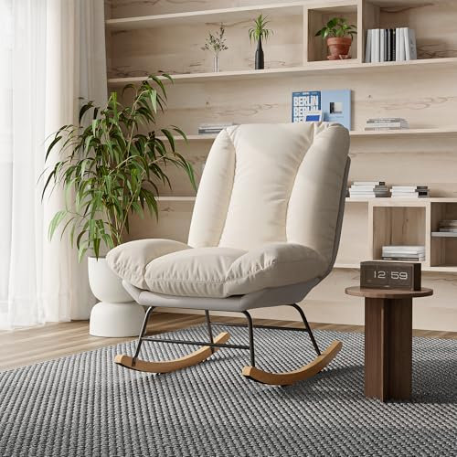 Schaukelstuhl, Stillstuhl mit 5-fach verstellbarer Neigung, aus Leinen und Technischem Tuch in Beige und Grau, geeignet für Kinderzimmer, Wohnzimmer, Terrasse und Schlafzimmer (B)