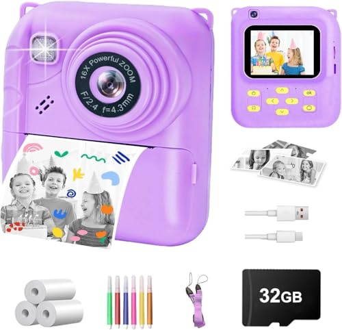 Sofortbildkamera Kinder, 1080P Digitalkamera mit 3 Druckrollen, 32GB Karte & Hülle, Kinderkamera mit Spielen, Filtern, Musik, Geschenk 3–12 Jahre (Lila)
