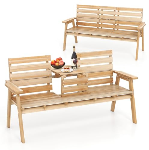 COSTWAY Banc de Jardin en Bois Massif avec Table Centrale Pliable, Naturel | Banc Extérieur Jardin à 2/3 Places, Siège à Lattes,Banquette pour Parc Porche Cour, Charge 320 KG, 160 x 64 x 86 CM
