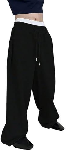 Mens Sweatpants Joggers Baggy Elasticated Waist Drawstring Trousers Wide Leg Jogging Bottoms for Outdoor Gym Solid Casual Trousers with Pockets Black