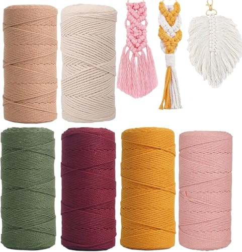 Filato di Cotone Macramè, 2mm Macrame Corda,Filo Macrame Cordoncino Grosso Colorata, Naturale Corda di Cotone Intrecciata per Artigianato Fai da Te, Decorazioni Boho (6PCS-1mmx100m)