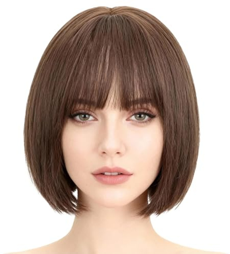 Kurze Bob Perücke Braun – Glatte Synthetik Kurzhaarperücke mit Pony,Natürlich Aussehende Alltagsperücke für Frauen,Weiches Haar wie Echthaar,11 Zoll