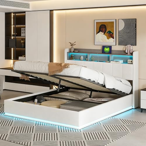 Bett, 160 x 200 cm, mit LED-Lattenrost und USB-Stecker, Doppelbett mit hydraulischer Aufbewahrung und Kopfteil, gepolstert, moderner Bettrahmen (Veloursbeige, 160 x 200 cm)