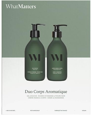 What Matters – Cofanetto Duo Corpo Aromatico – Gel Doccia Corteccia d'arancia & Pepe Nero + Crema Mani & Corpo Cedro & Mandarino – 2 x 290 ml – Flaconi in vetro rinforzato – Made in France